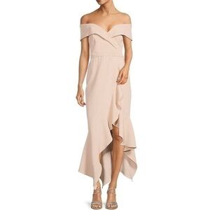 Xscape Off-the-Shoulder Sweetheart Neck Ruffle Handkerchief Hem Dress in Blossom